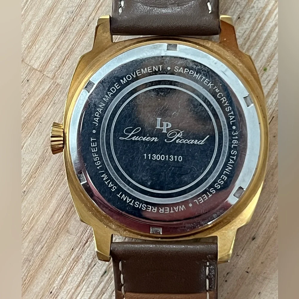 Lucien Piccard Luxury Large Gold-Tone Case Watch Brown Leather Strap White Dial